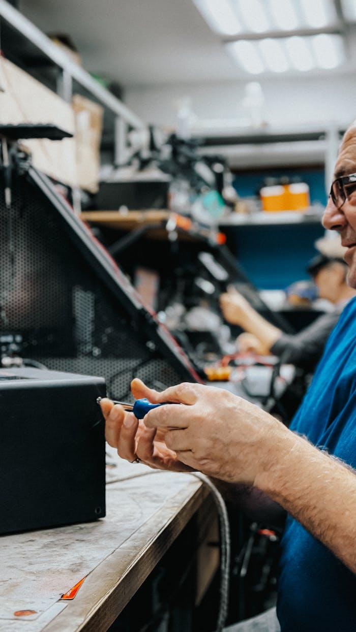 Adult man repairing electronics in a workshop setting, emphasizing craftsmanship and focus.